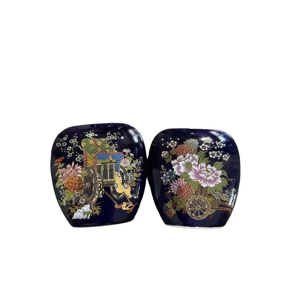 Vintage Kutani Cobalt Blue Vases (Set of Two) Enamel With Gold Accents - Picture 1 of 8